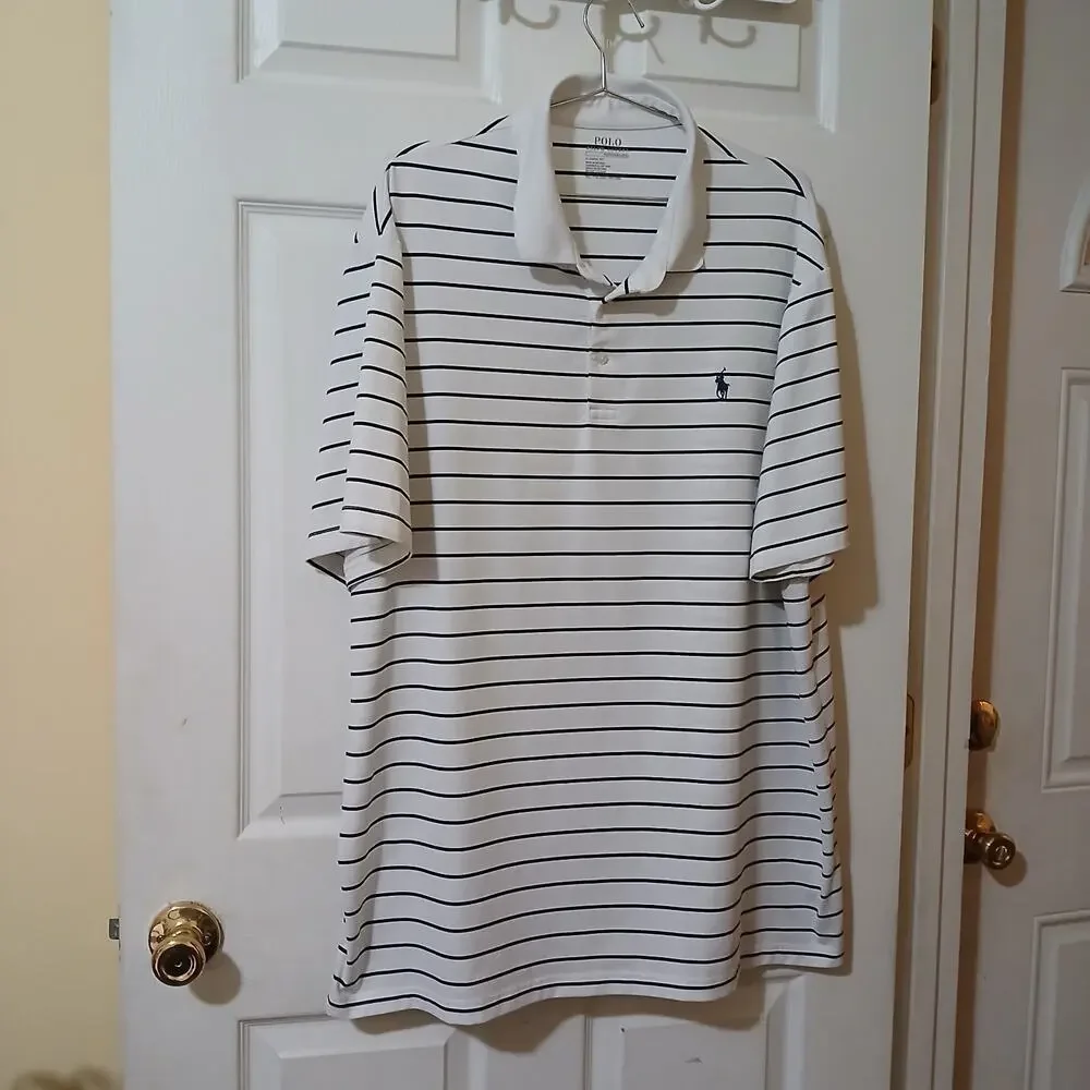 Polo Ralph Lauren Perfomance Shirt Men XXL White Striped Short Sleeve Pony Logo